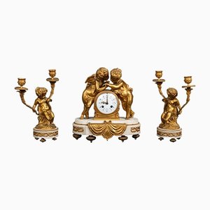 Horloge Napoléon III en Marbre Blanc et Bronze Doré, France, 1800s, Set de 3