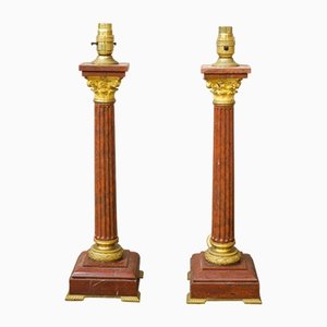 Antique Red Marble and Ormolu Table Lamps, 1800s, Set of 2