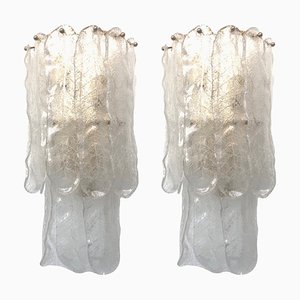 Large Mid-Century Italian Clear Leaf Murano Wall Sconces from Mazzega, 1970s, Set of 2