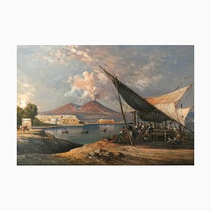 Consalvo Carelli, Pêcheurs au port de Naples, Oil on Canvas, Framed