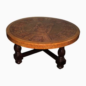 Circular Coffee Table with Tooled Leather Top by Angel Pazmino for Muebles De Estilo, 1970s