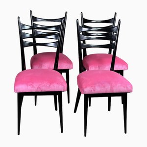 Chaises d'Appoint Vintage en Bois Noir et Velours Rose, Italie, 1950s, Set de 4