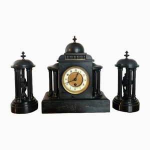 Horloge Victorienne Antique à Mouvement 8 Jours en Marbre, 1860, Set de 3