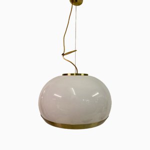 Italian Brushed Brass and White Glass Pendant Light, 1960s
