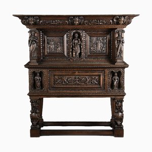 Antique Renaissance Secretaire with Plastic Carvings and Free-Standing Figures, 1880s