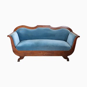 Frühes 19. Jh. Sofa aus Nussholz mit Intarsien und blauem Samtbezug