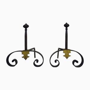 Large Chimney Andirons in Cast Iron and Gilt Metal, France, 19th Century, Set of 2
