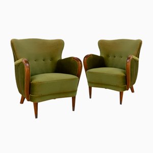 Danish Art Deco Green Velvet Lounge Chairs, 1940s. Set of 2