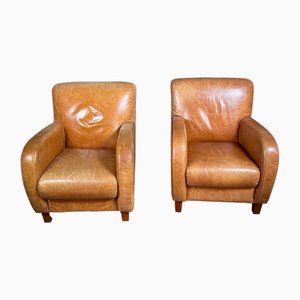 Poltrone club vintage in pelle color cognac, set di 2