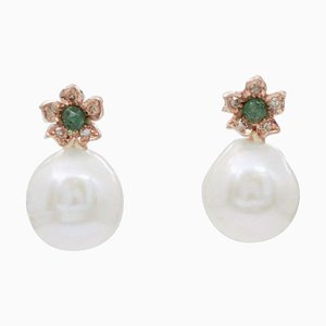 Aretes de oro rosa, diamantes, esmeraldas y perlas. Juego de 2