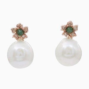 Emeralds, Diamonds, Pearls, Rose Gold Earrings, Set of 2
