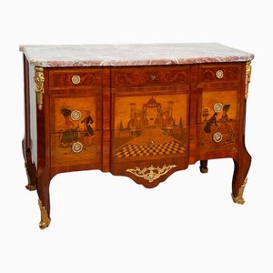 Antique Napoleon III French Chest of Drawers in Exotic Woods with Marble Top, 1800s