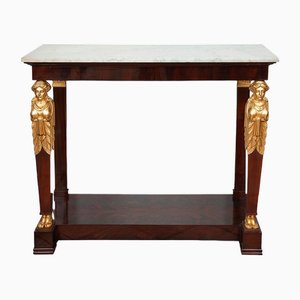 Antique French Empire Console Table in Mahogany with Marble Top