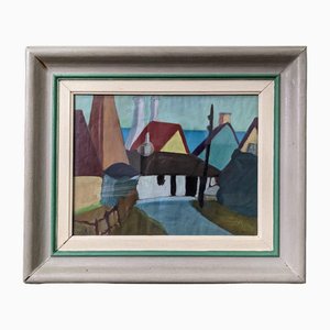 Street Houses, 1950s, Oil on Paper, Framed
