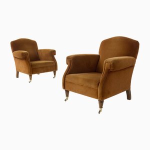 English Brown Velvet Armchairs, 1950s, Set of 2