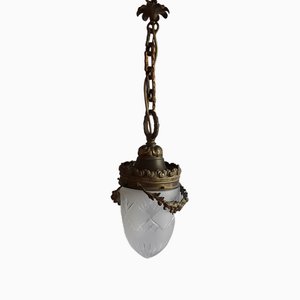 Deckenlampe mit Lampenschirm aus poliertem Messing & Bronze & Mattglas, 1900er