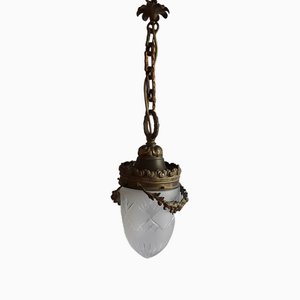 Lampada da soffitto con paralume in ottone e bronzo lucido e vetro opaco, inizio XX secolo