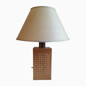 Vintage Table Lamp with Light Ash Wooden Foot with Basket Mesh and Beige Paper Umbrella, 1970s