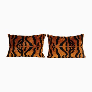 Ikat Bronze Tiger Silk Velvet Lumbar Cushion Covers, Set of 2