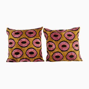 Pink Silk Ikat Velvet Bronze Cushion Covers, Set of 2