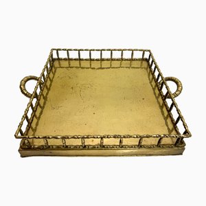 Vintage Chinoiserie Brass Faux Bamboo Serving Tray, 1970s
