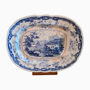 Assiette de Service à Viande Antique en Porcelaine Bleue et Blanche, 1830s