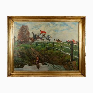 Caza de caballos, años 20, óleo sobre lienzo, enmarcado