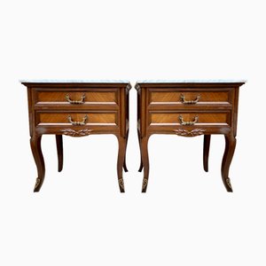 Tables de Chevet Mid-Century en Noyer avec Tiroirs et Plateaux en Marbre, 1950s, Set de 2