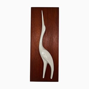 Mid-Century Modern Heron Wall Decoration in Teak and Porcelain, 1960s