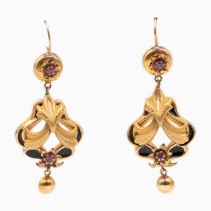 18k Yellow Gold with Enamels and Rubies Earrings, 900s, Set of 2