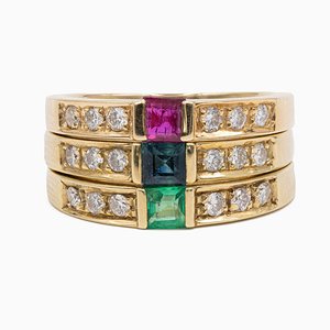 Tres anillos vintage de oro amarillo de 14 k, rubí, esmeralda y diamantes, años 70. Juego de 3