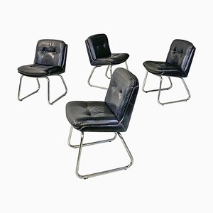 Modern Italian Black Leather and Chromed Steel Chairs, 1970s, Set of 4