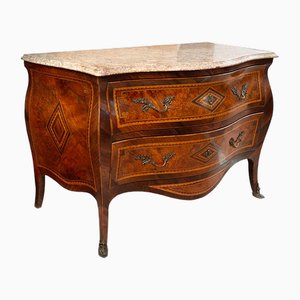 Antique Louis XV Commode in Precious Exotic Woods with Marble Top, 18th Century