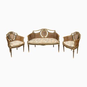 Antique Napoleon III French Sofa and Armchairs in Green Lacquer and Gold, 1800s, Set of 3