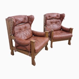 Mid-Century Real Leather Armchairs Model #0021 in Brown, Set of 2