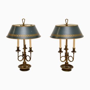 Brass Table Lamps with Tole Shades, 1930s, Set of 2
