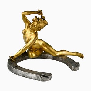 Georges Récipon, Art Nouveau Nude Sculpture on Horseshoe, 1896, Bronze