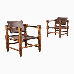 Leather Armchairs with Wooden Frame, Set of 2