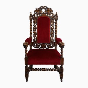 Silla del trono victoriana Acobean Revival tallada, 1850