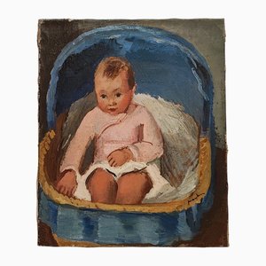 Henry Meylan, Bébé assis dans son couffin, Huile sur Toile