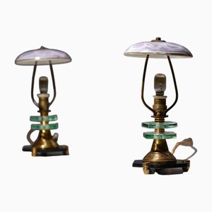 Italian Table Lamps in Brass Patina with Black Glass Base, 1950s, Set of 2
