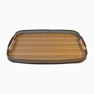 Large Mid-Century Italian Serving Tray in Brass, Teak and Faux Wood, 1950s