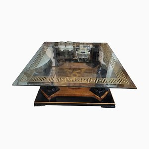 Tavolino da caffè in legno duro e grande vetro smaltato e inciso