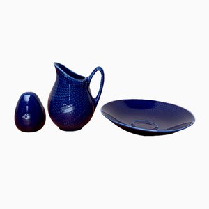 Mid-Century Swedish Bla Eld Salt Shaker, Milk Carafe, Saucer and Plate by Hertha Bengtson for Rörstrand, 1960s, Set of 4