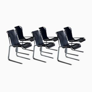 Bauhaus Chairs in Black Leather and Steel, 1970s, Set of 6
