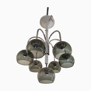 Mid-Century Chandelier in Chromed Metal and Smoke Glass, 1970s