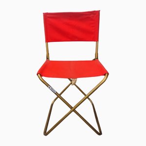 Chaise de Camping Lafuma Vintage en Toile de Coton Rouge et Métal Doré