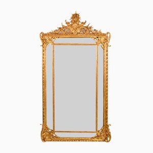 Large 19th Century Gold Mirror with Volutes and Flowers & Gold Leaf Frame, 1880s