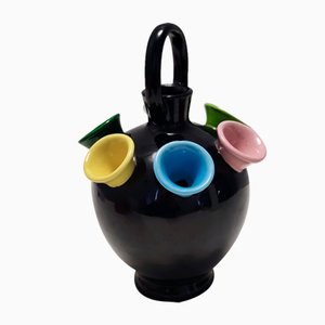 Vintage Black Lacquered Ceramic Tulip Vase attributed to Pucci Umbertide, Italy, 1950s