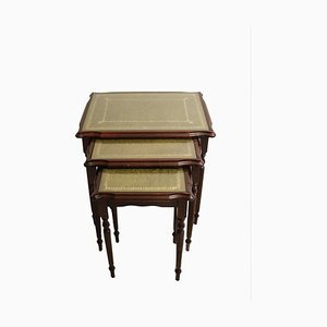 Mahogany Nest of Tables with Green Leather Top, Set of 3